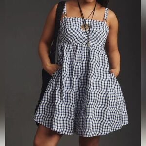 Anthropologie Blue and White Gingham Mini Dress one right front pocket
